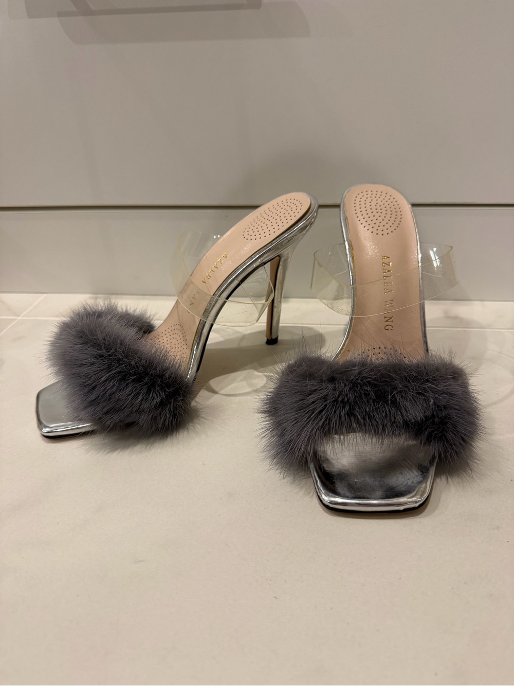 azalea wang silver clear faux fur heels